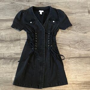 Forever 21 Black Lace-Up Mini Jean Dress